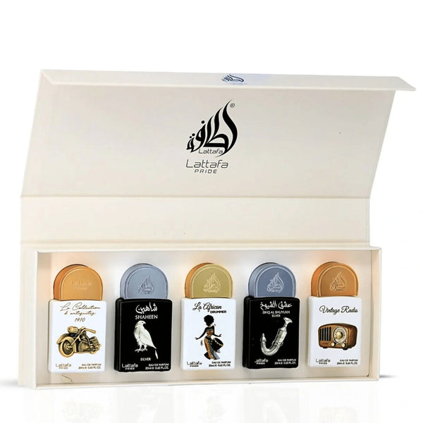 Lattafa Pride. shaheen silver, african drummer, shuyukh silver. vintage radio 20ml x 5pcs Gift Set (estuche)  Original